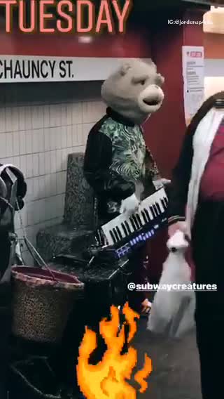 Man with cat costume head playing music