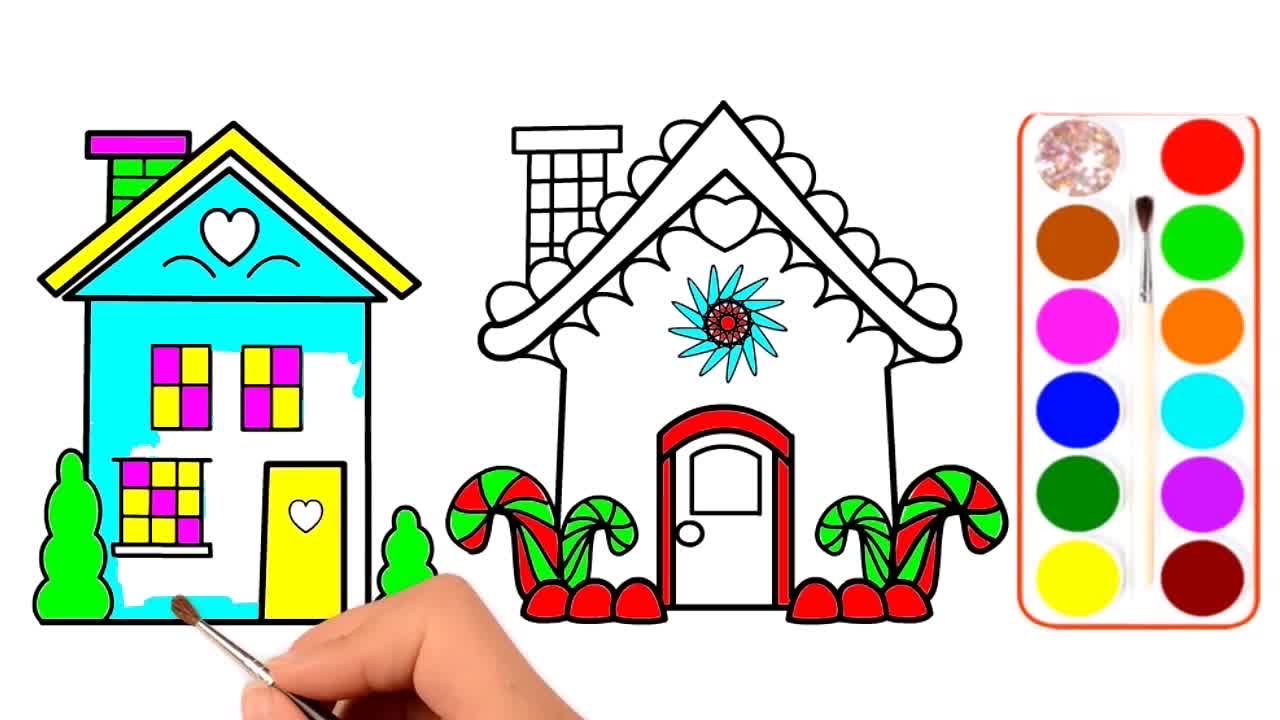 Drawing and Coloring for Kids - How to Draw Two Candy Houses