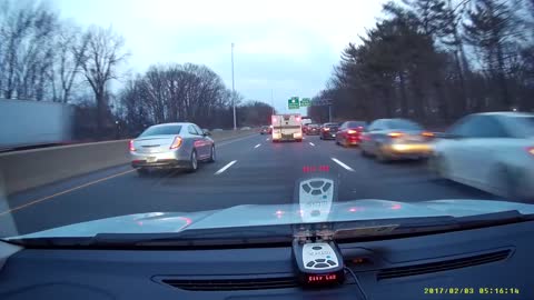 Guy Weaving through traffic has to dive to the shoulder due to slowing traffic