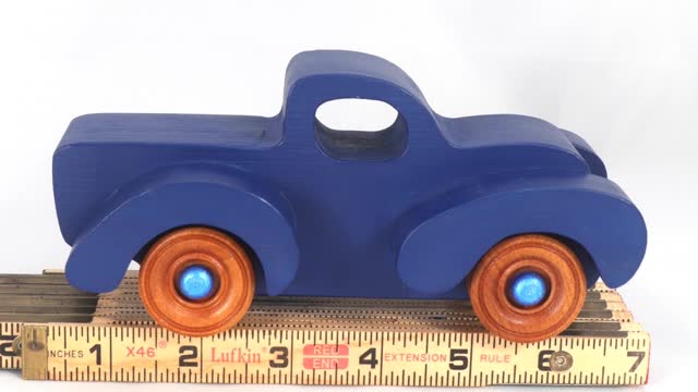 Handmade Wood Toy Pickup Truck Fat Fender Freaky Ford Navy Blue and Amber Shellac Wheels 1144404674