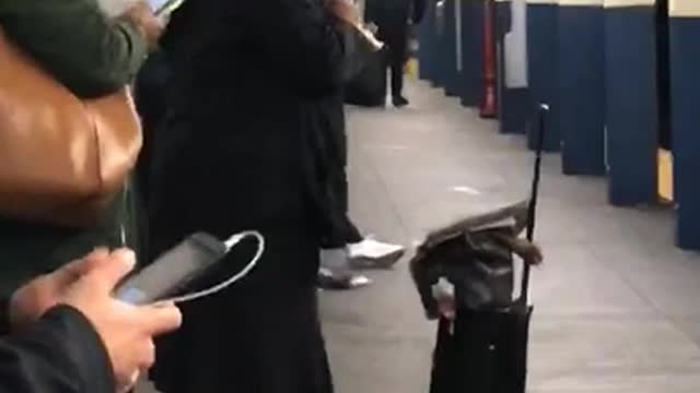 Man in black beanie plays recorder in subway terminal