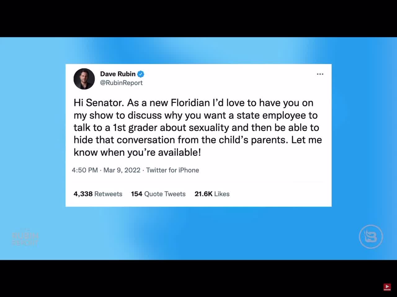 Dave Rubin calls out FL state Sen Gary Farmer on the “Don’t say gay” bill FL HB1557