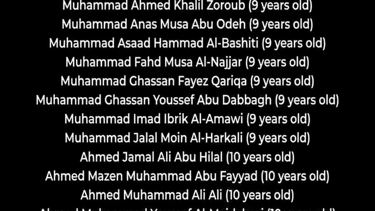 The Names of over 11,000 Palestinian children killed by Israel in Gaza.