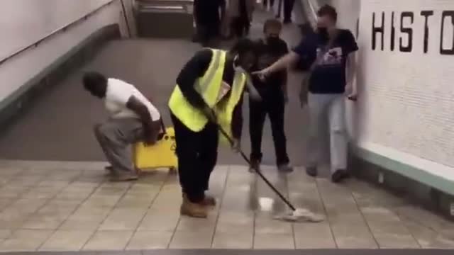 Homeless man poops in mop bucket