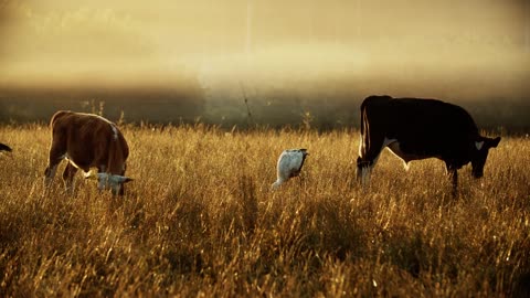 Cows graze in the meadow in the early morning, storks walk nearby