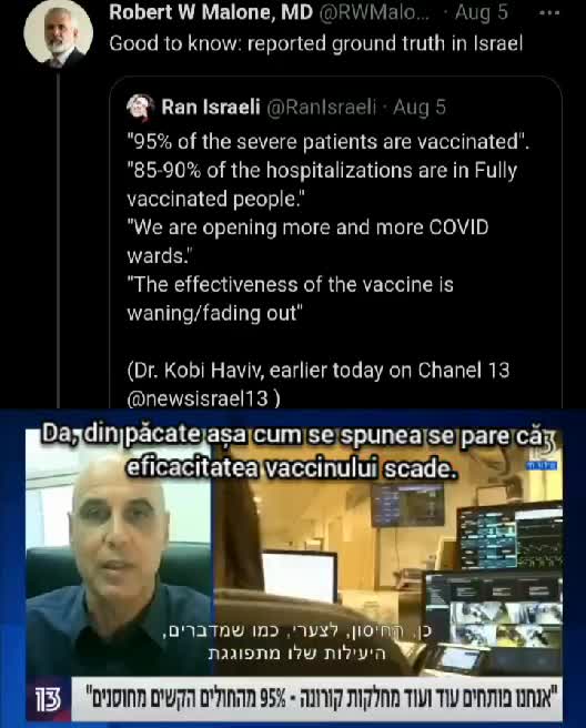 Israel: 95% din cazurile grave de Covid sunt persoane vaccinate