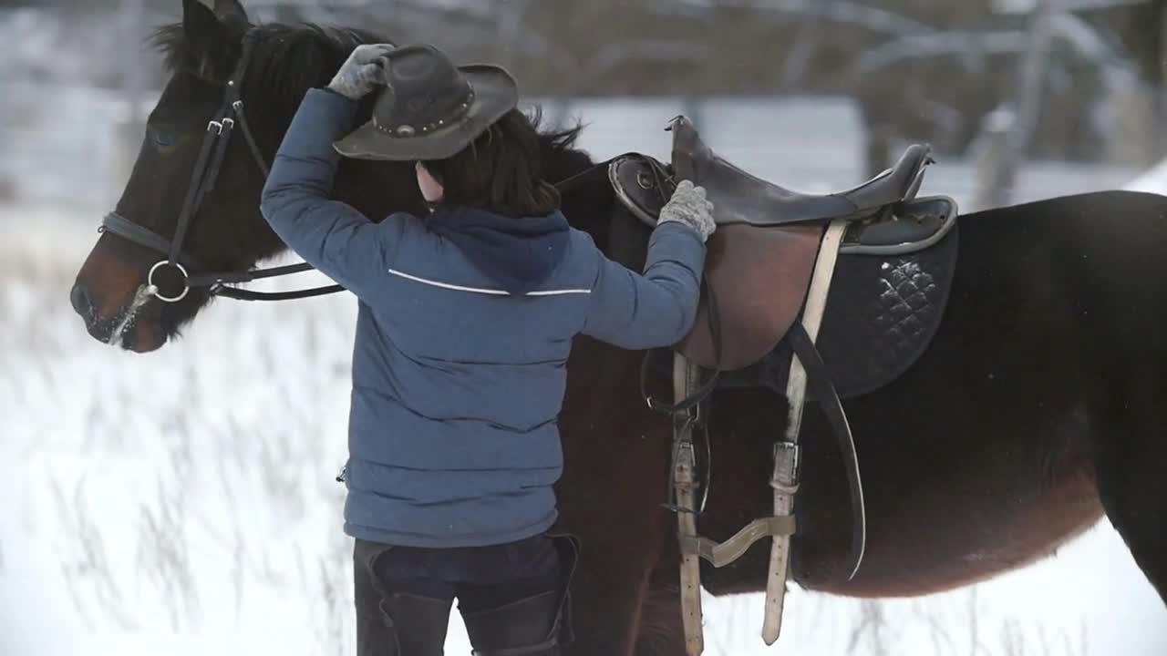 Woman wear the hat near horse in winter field