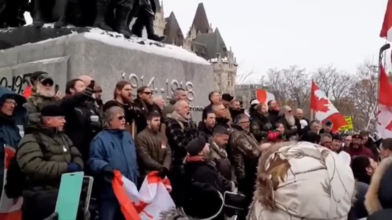 Canadian veterans gather at the National War Memorial in Ottawa to Pray and sing the National Anthem