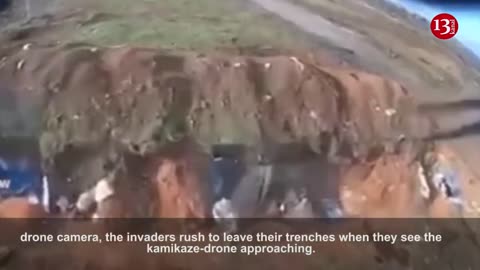 Seeing the kamikaze drone approaching, Russians in the trench fled and sought to escape