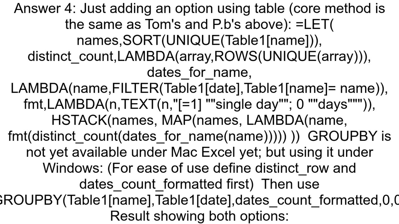 Excel The number of days a name appears without counting multiple occurrences on the same day