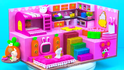 EASY How To Make Cutest Pink Bunny House with Bunk Bed from Cardboard DIY Miniature Housep18