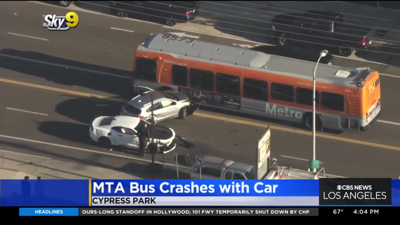 1 hospitalized after MTA bus crashes with car in Cypress Park