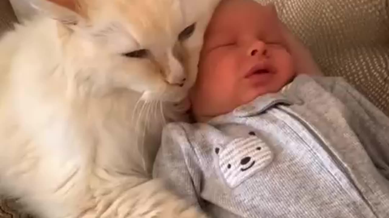 Cat and cute baby