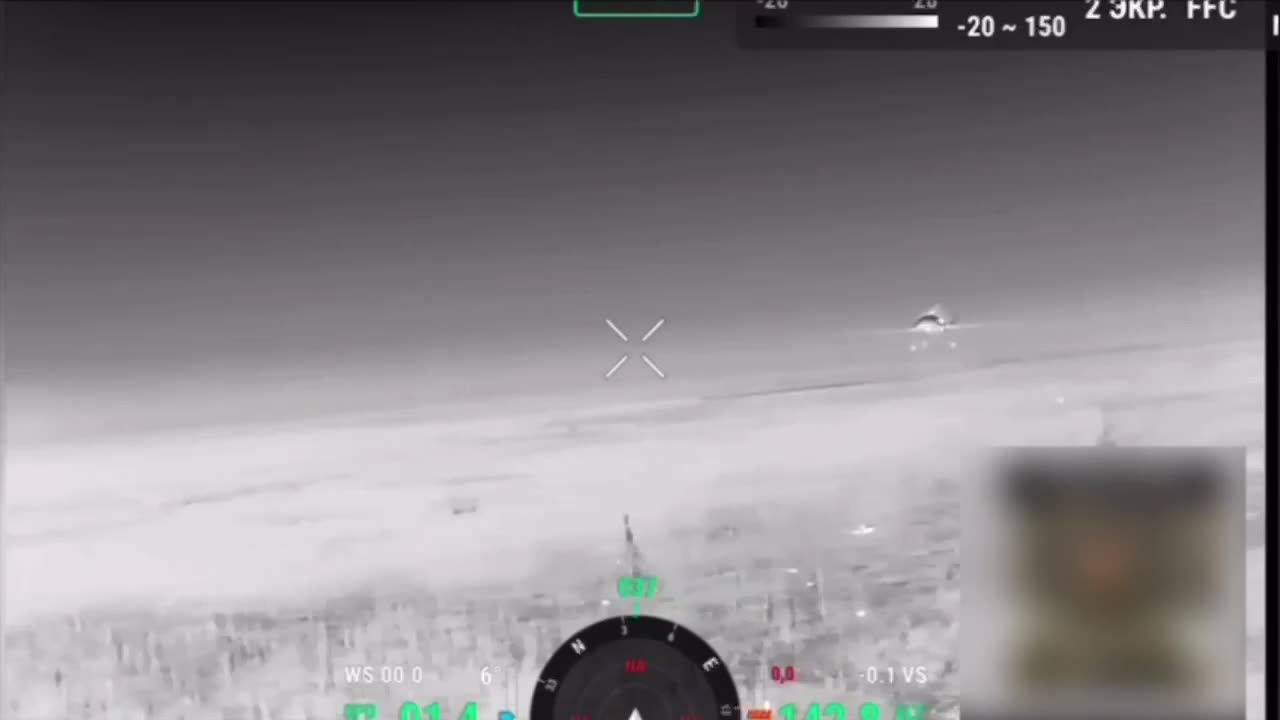 A moment of a close flyby of two Ukrainian Lyutii kamikaze drones.