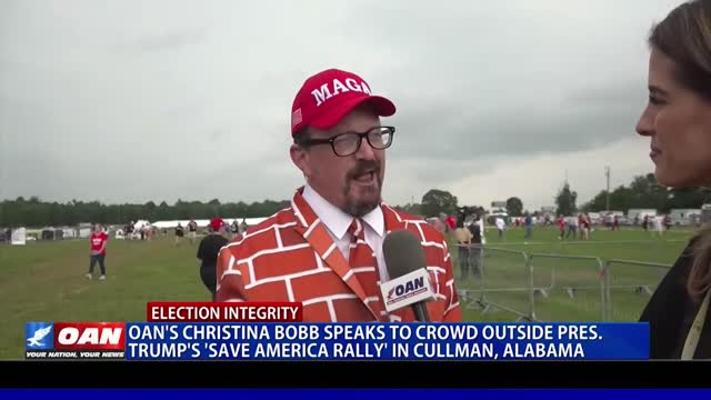 OAN’s Christina Bobb speaks to crowd outside President Trump’s ‘Save America Rally’ in Cullman, Ala.