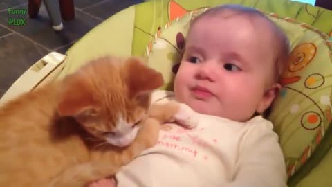 Cute baby and dog and cat