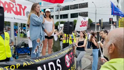 Melbourne rally vax injury victim spoke outside St Vincent hospital