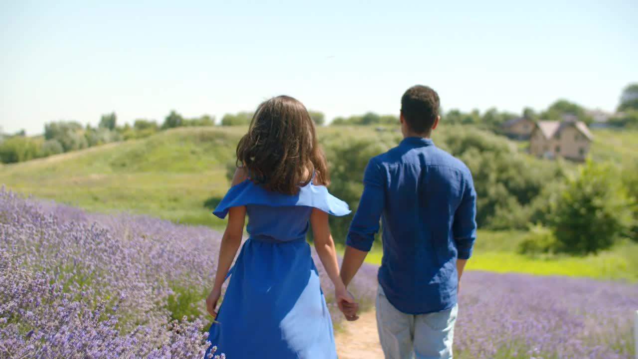 Lovers walking through a lavender field