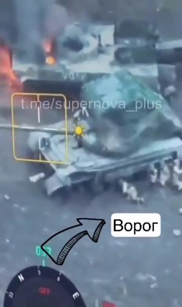 Russian soldiers trapped next to two abandoned Russian vehicles with mortars falling around them