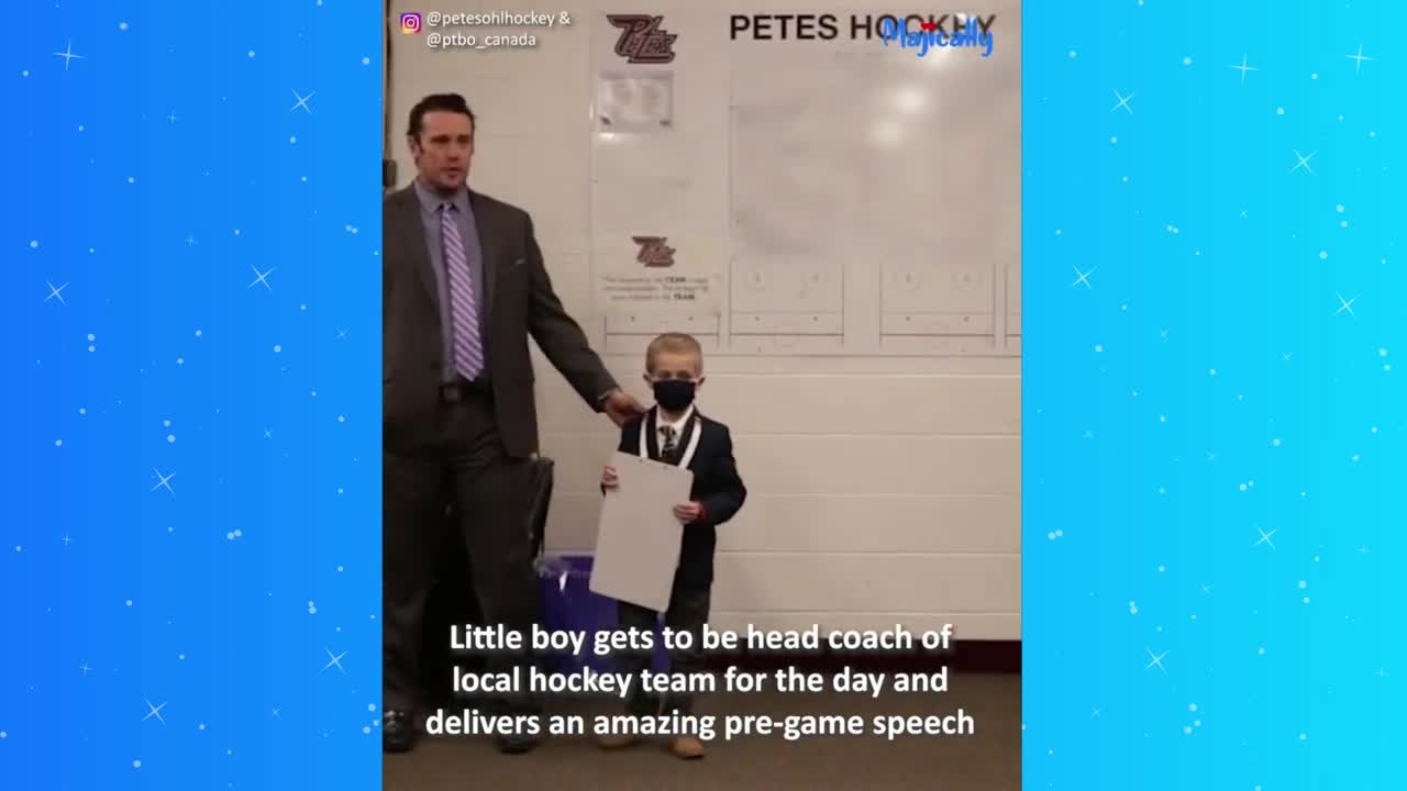 Little boy delivers motivational pre-game speech to his favorite hockey team the Peterborough Petes