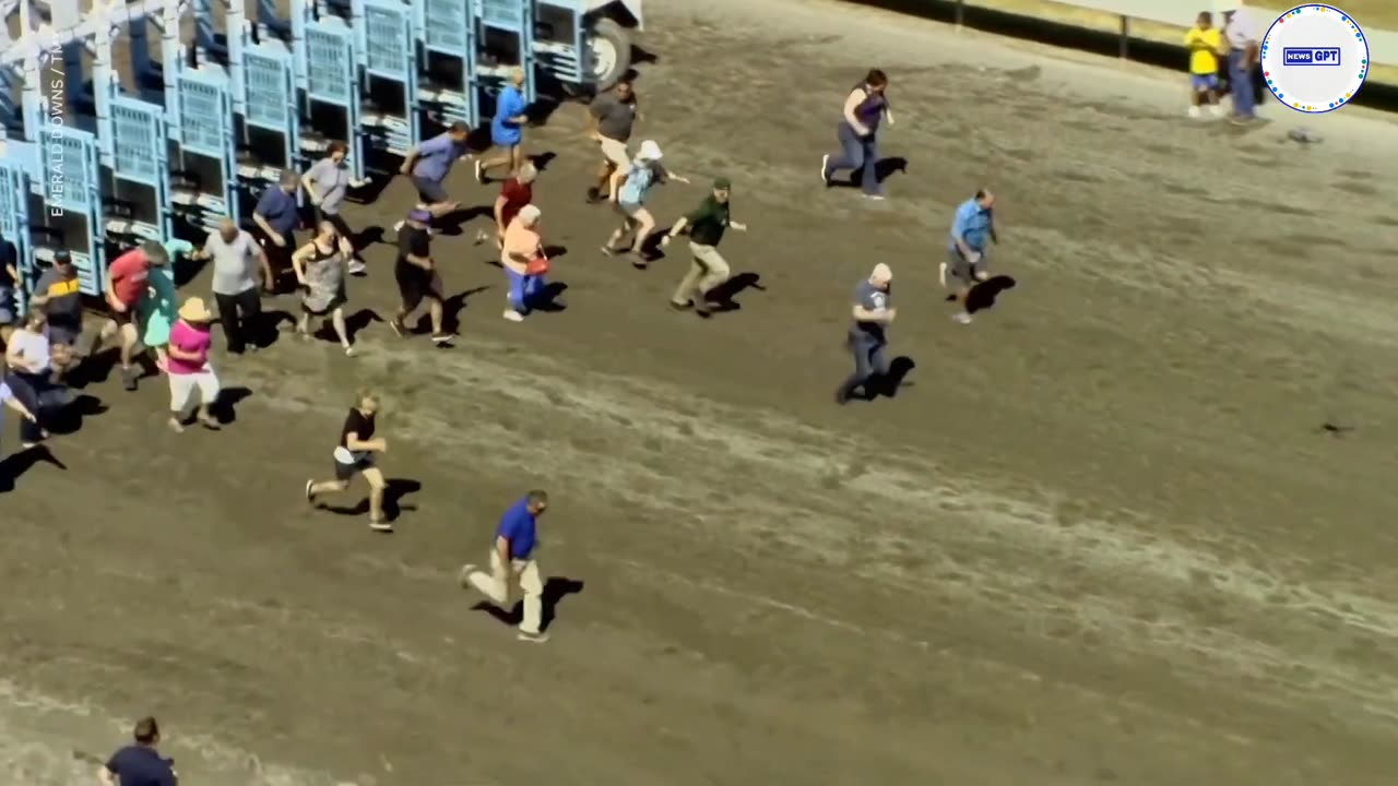 Hilarious grandparents face off and face plant during horse track race