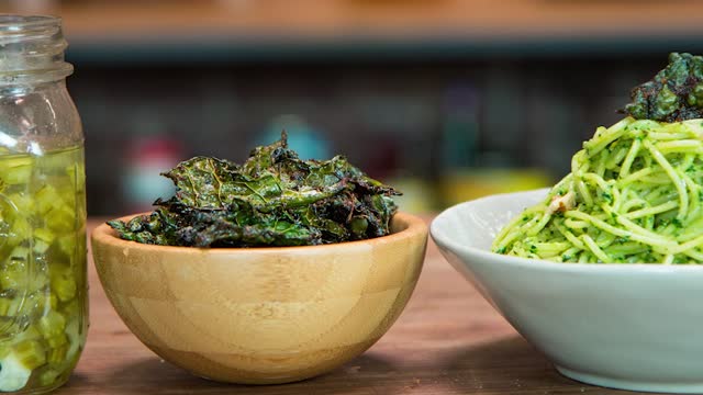 BBQ Kale Chips - Kale Pesto - Pickled Kale Stems