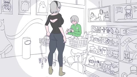 tall lady shopping but it's animated