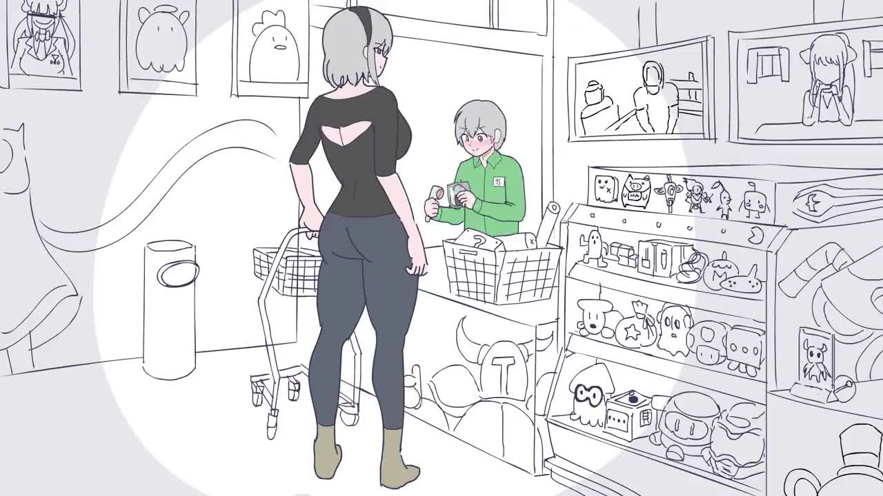 tall lady shopping but it's animated