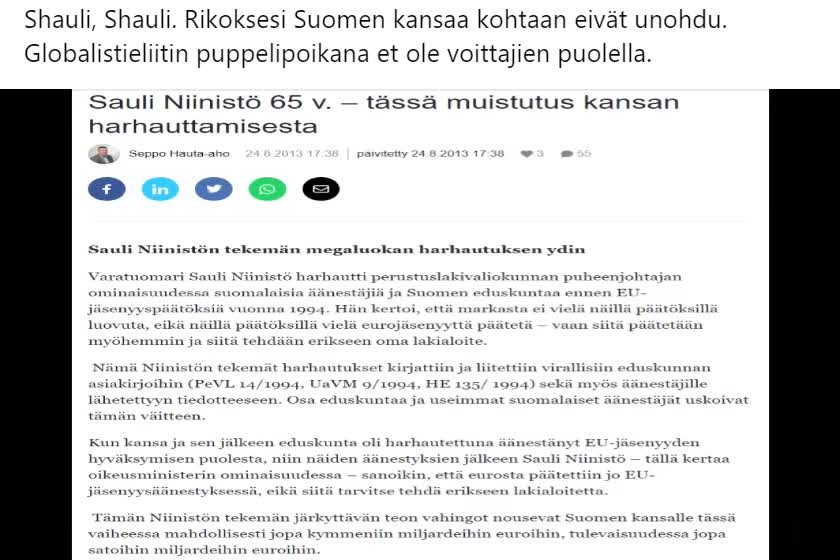 Rikoksesi Suomen kansaa kohtaan eivät unohdu