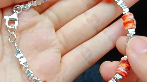 Free-shape Natural turquoise and orange spiny oyster roundle beads with 925 silver bracelet