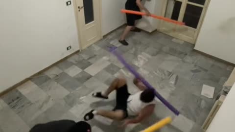 Friends Hit Each Other With Pool Noodles While Blindfolded