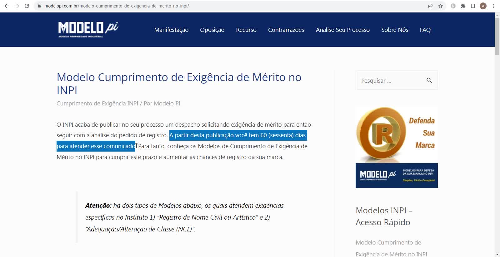 Modelo Cumprimento de Exigência de Mérito no INPI. Baixe e Resolva Agora Mesmo Essa Solicitação.