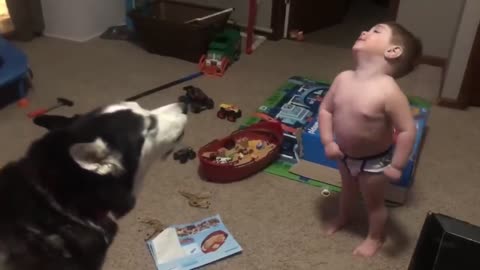 Cute baby talking with husky and enjoy 💝😌🤩