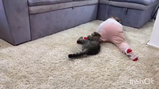 Cat enjoying playing with baby girl!