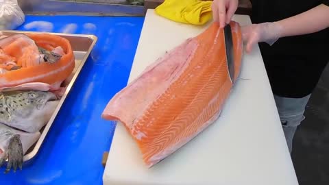 How To Fillet a Whole Salmon | Sashimi & Sushi -Taiwanese street food