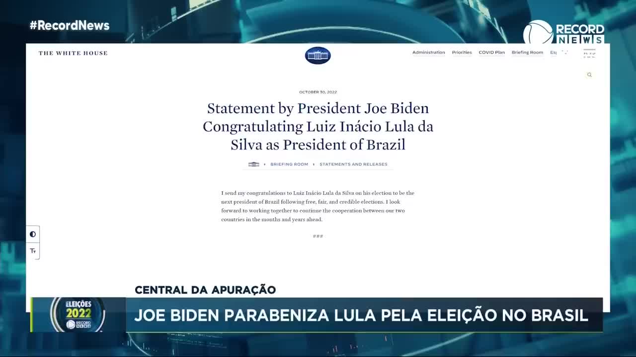 Joe Biden parabeniza Lula pela eleição no Brasil