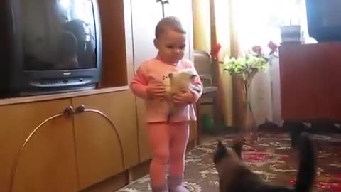 Crying Kitten is Recovered by Mama Cat from Toddler