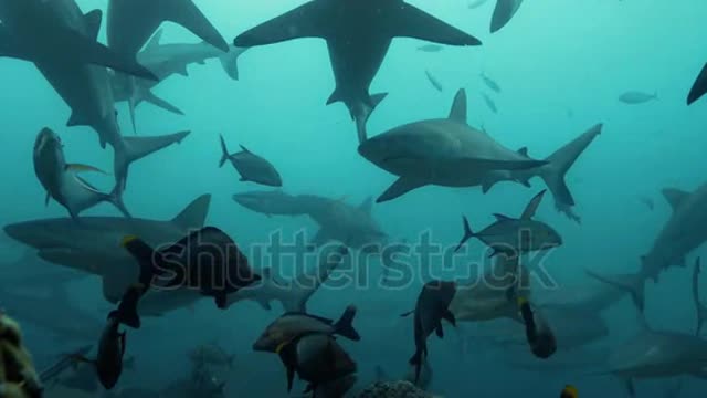 Group of sharks from below in the Pacific Ocean. Underwater marine life with grey