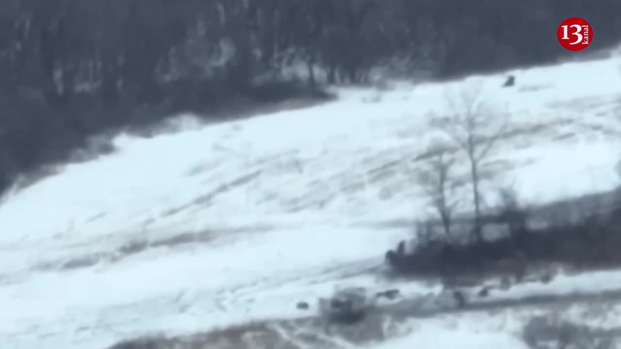 Russian soldiers carrying the wounded in snowy area were hit by mortar fire - two strikes in a row