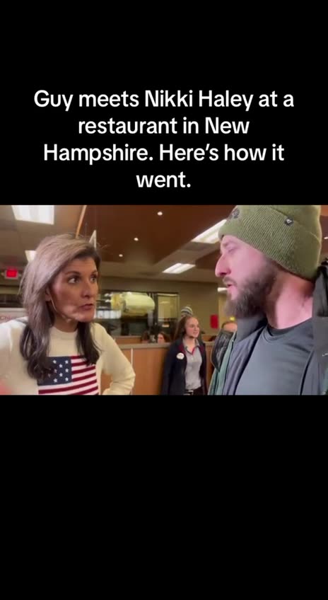 Guy meets Nikki Haley at restaurant in New Hampshire.