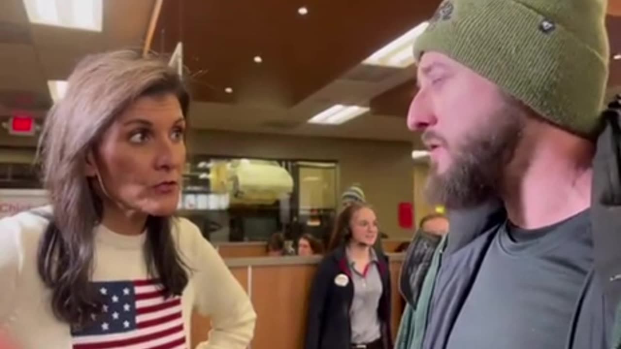 Guy meets Nikki Haley at restaurant in New Hampshire.