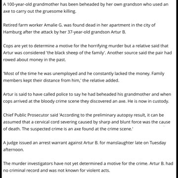 100 Year Old German Grandmother Is Beheaded By Axe Wielding Grandson