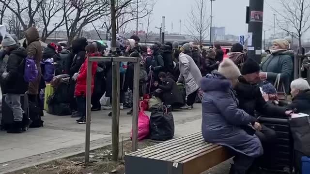 The queue for evacuation trains to Poland at the railway station in Lvov