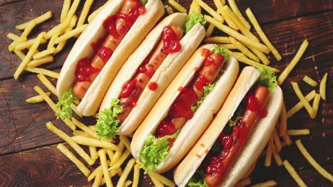 assorted American hot dogs in a row served with freight