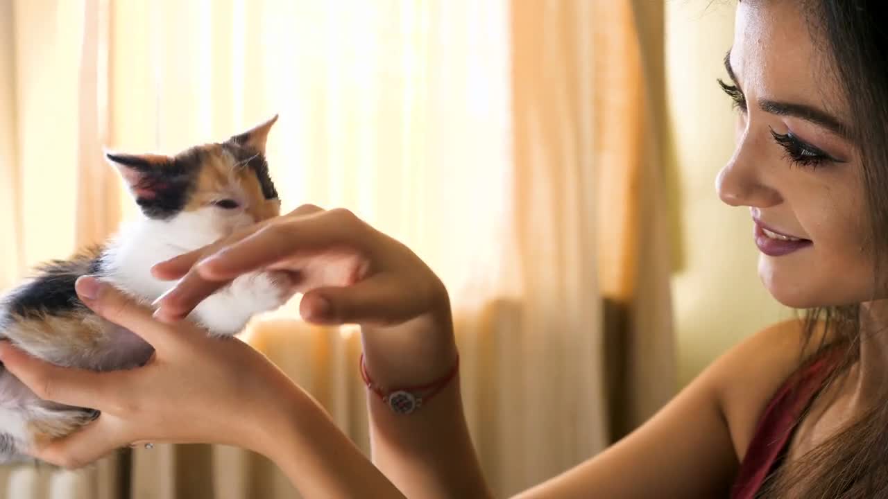 Young woman in the living room playing with her little red with black kitten on her laps