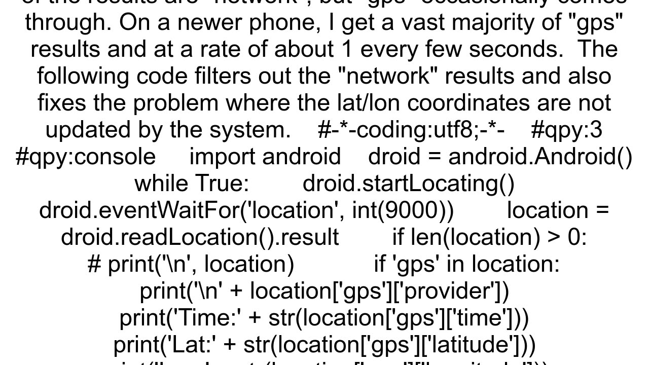 Location with QPython in Android doesn39t return GPS coordinates only quotnetworkquot