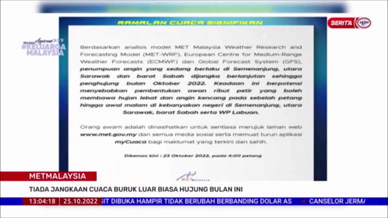 25 OKT 2022-BERITA TGH HARI-MET MALAYSIA-TIADA JANGKAAN CUACA BURUK LUAR BIASA HUJUNG BULAN INI