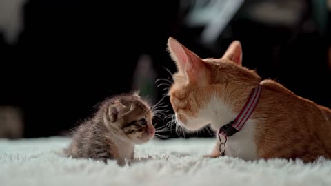 Cute cat Mom and kitten playing together