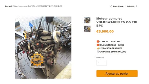 AEPSPIECES.COM - Moteur complet VOLKSWAGEN T5 2.5 TDI BPC