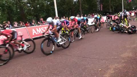 Many Bikers Crash in the Final Meters of a Race Sprint as Riders Skid and Fall Everywhere